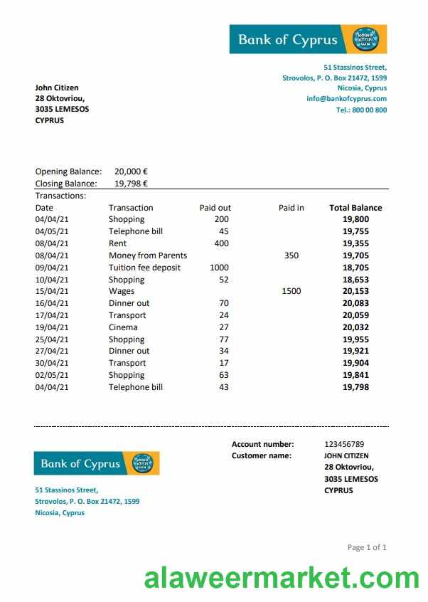 Cyprus Bank of Cyprus bank statement easy to fill template in .xls and .pdf file format